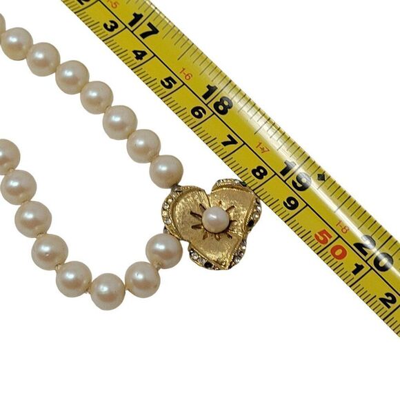 Vintage Glass Faux Pearl Double Strand Princess Necklace Gold Rhinestone Flower - Picture 4 of 11